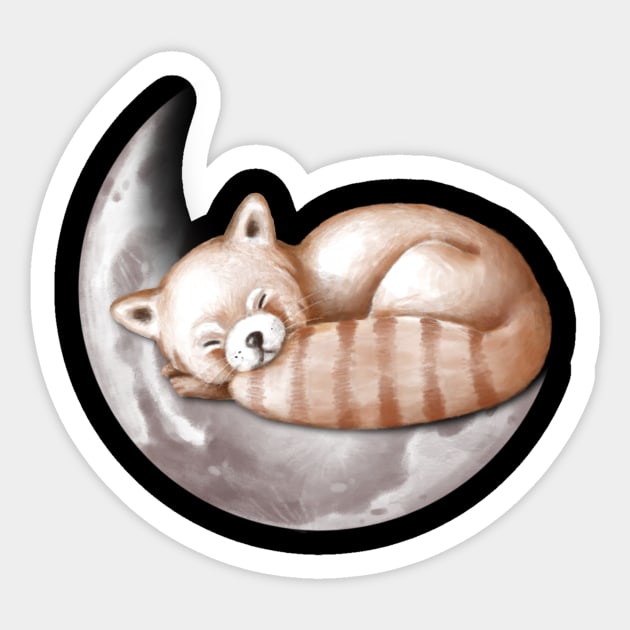 Cute red panda sleeping on the moon. Sticker by CaptainPixel